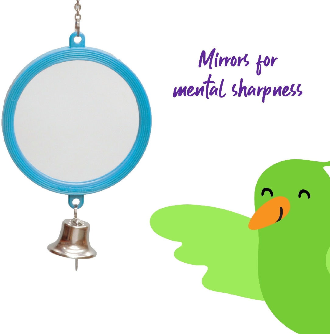 Circular blue bird toy with mirror and bell, text "Mirrors for mental sharpness".