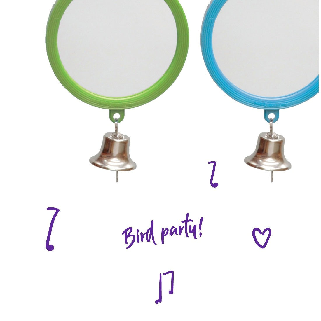 Two circular mirrors with bells, bird toy, on white background.