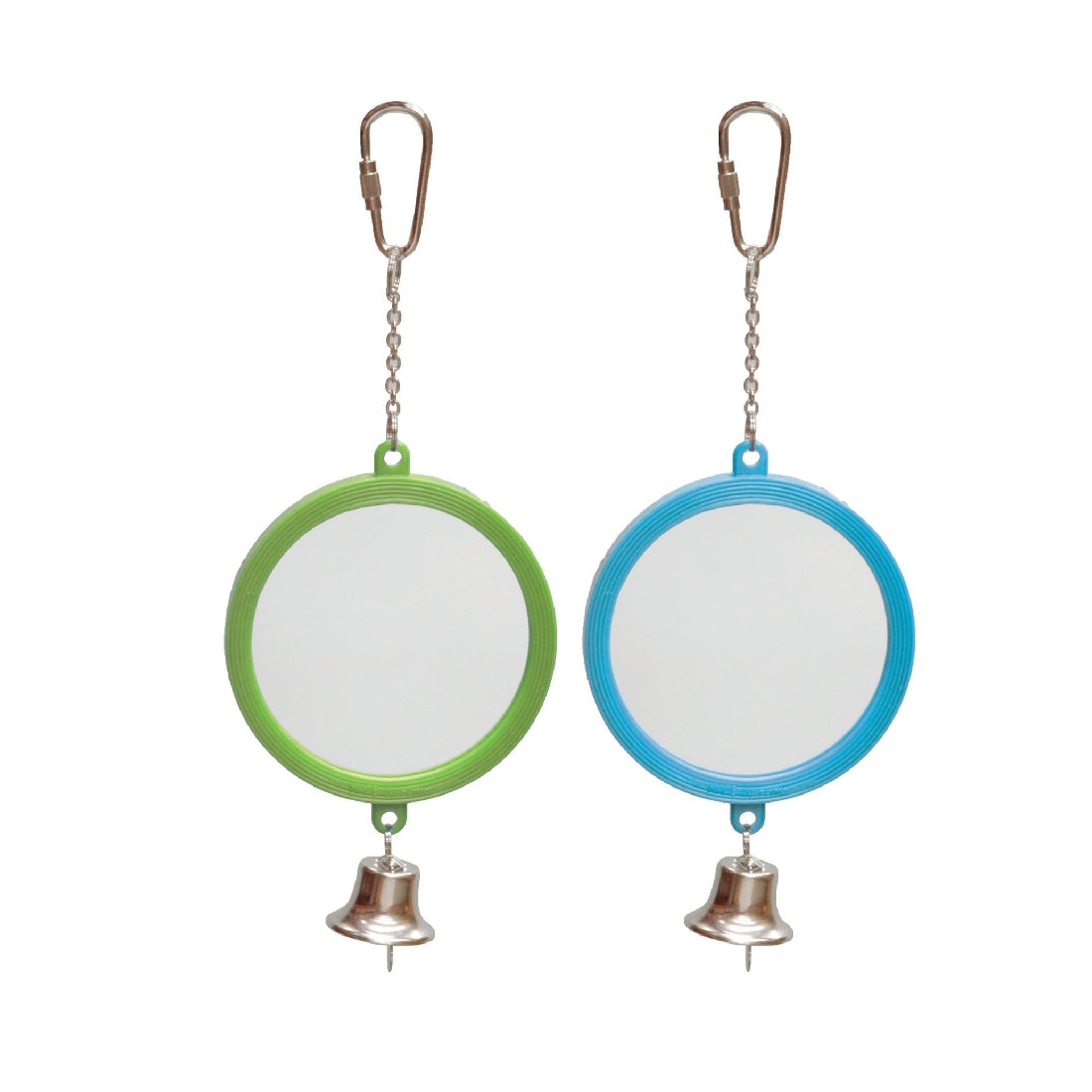 Two round bird toys with mirrors, green and blue, with bells.
