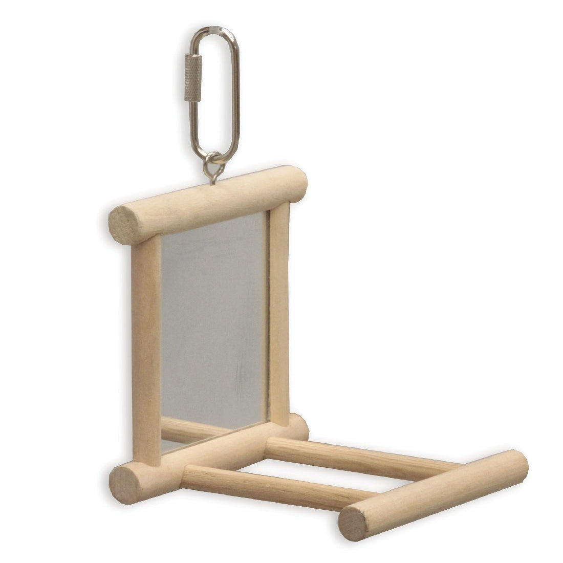 Wooden bird toy with mirror and perch, attached by metal clip.