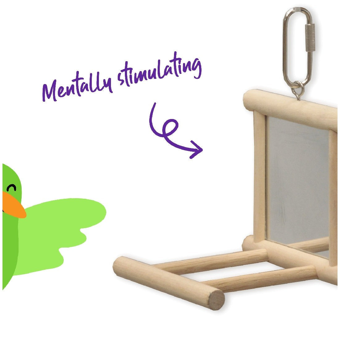 Wooden bird toy with mirror advertised as mentally stimulating.