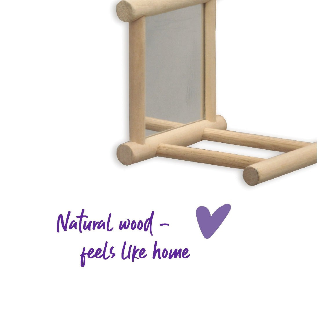 Wooden bird toy stand with text "Natural wood - feels like home".