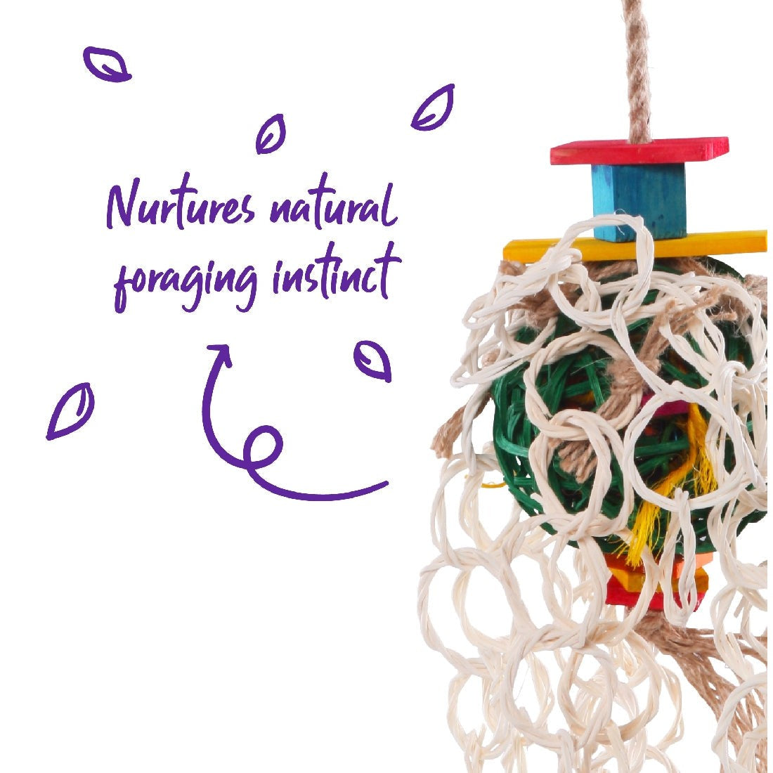 Colorful bird toy with text "Nurtures natural foraging instinct" on white background.