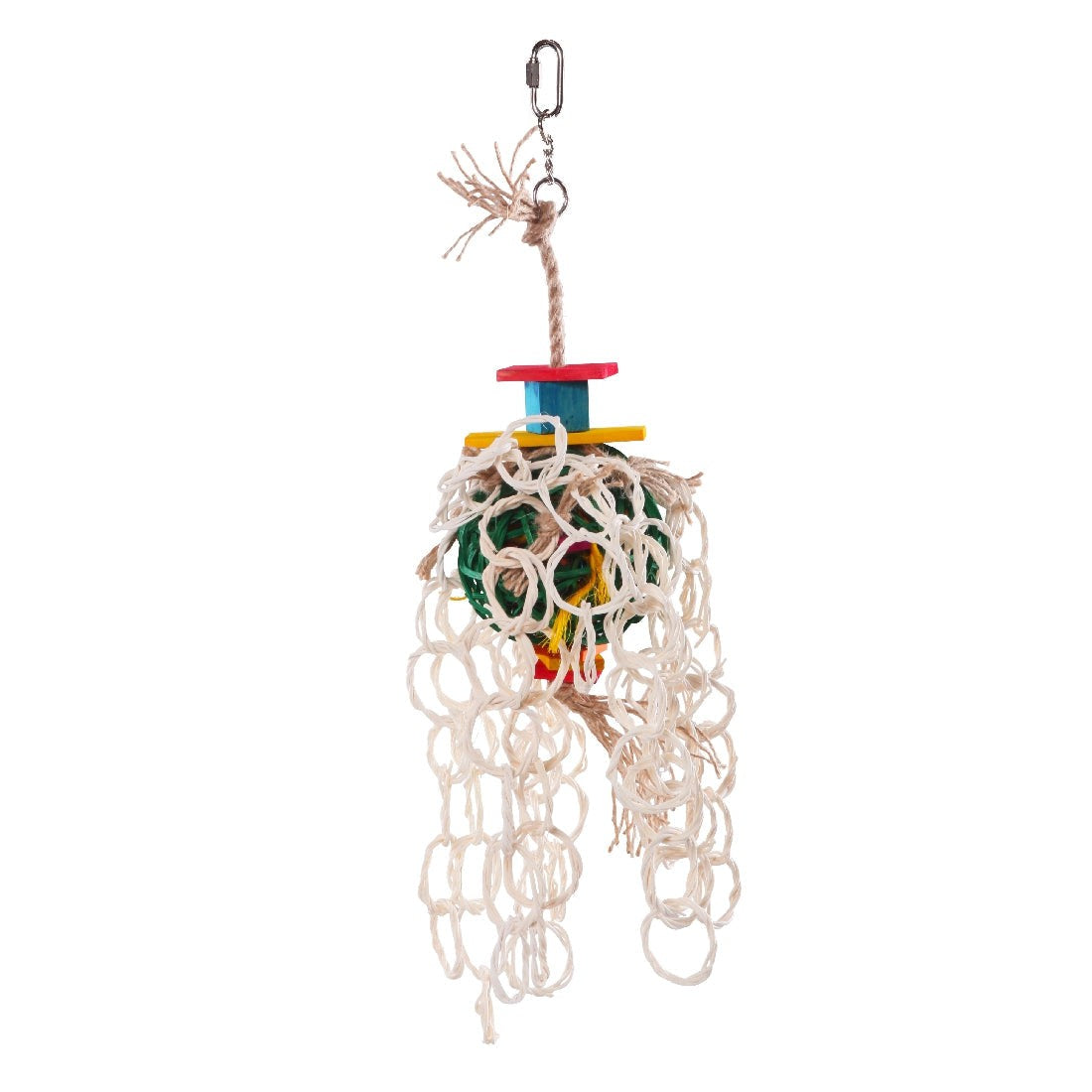 Colorful hanging bird toy with ropes and wooden beads isolated on white.