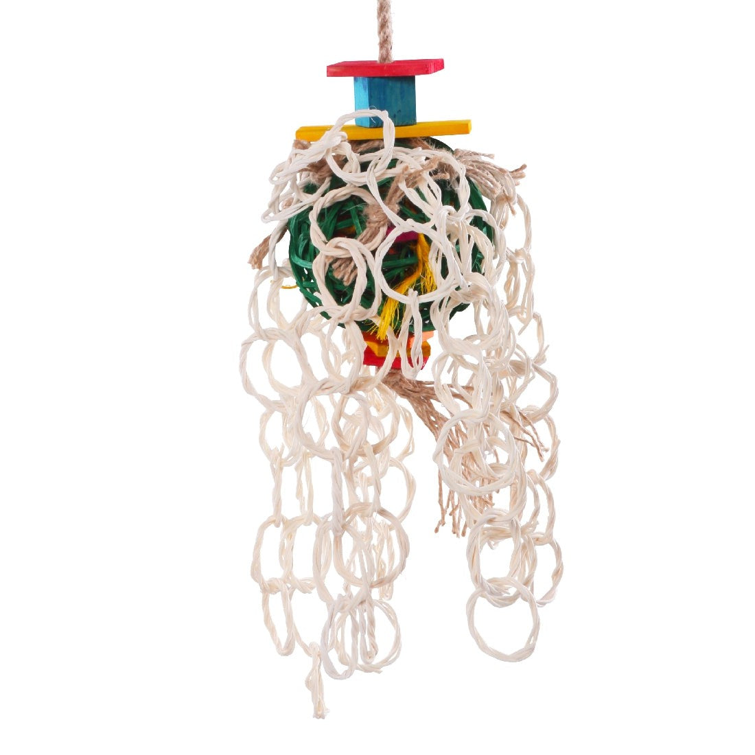 Colorful hanging bird toy with knotted ropes and wooden beads.