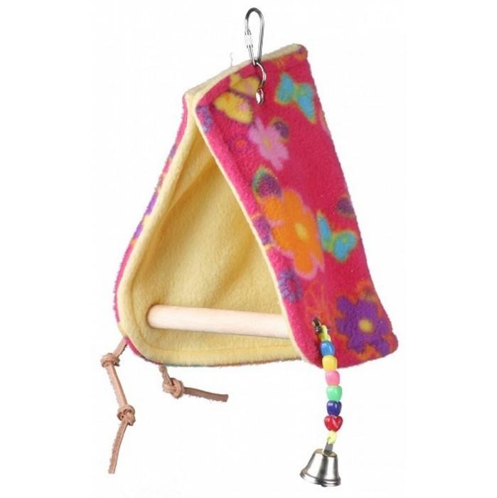 Colorful hanging fleece bird tent with perch and bell toy.