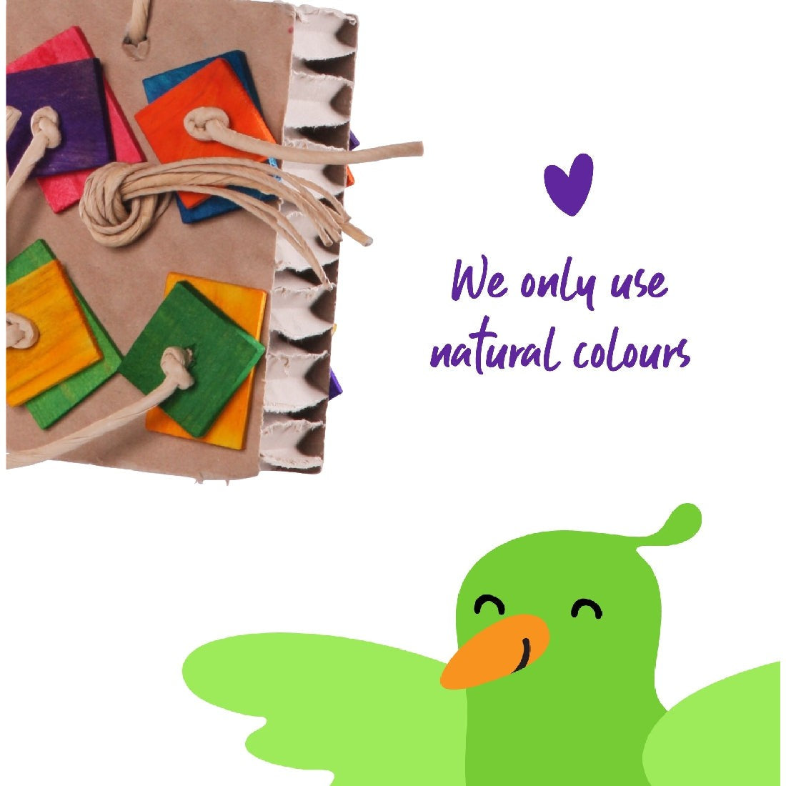 Colorful bird toy with natural colors text and cartoon bird.