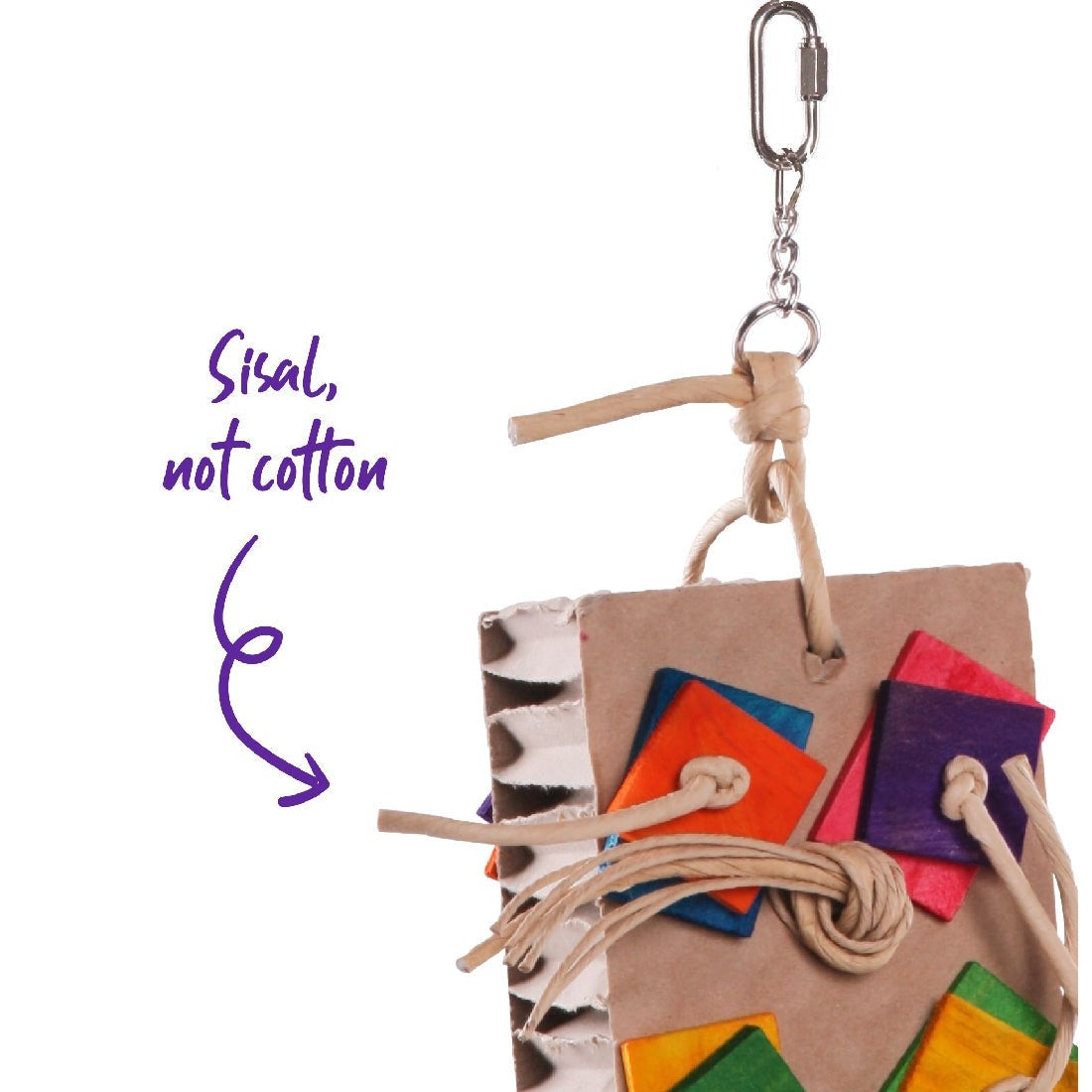 Colorful cardboard bird toy with sisal rope and metal clip.