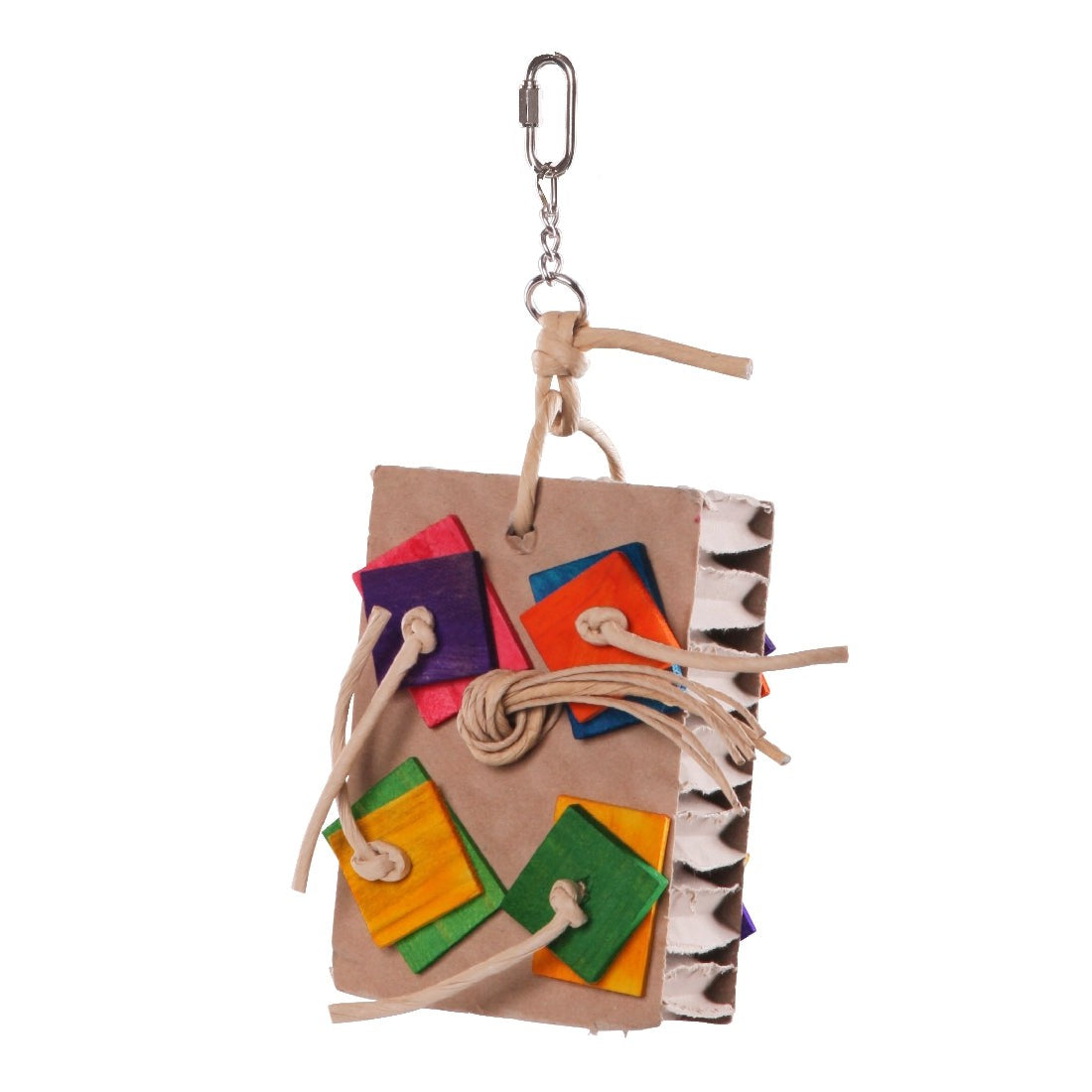 Colorful hanging bird toy with blocks and cardboard on white background.