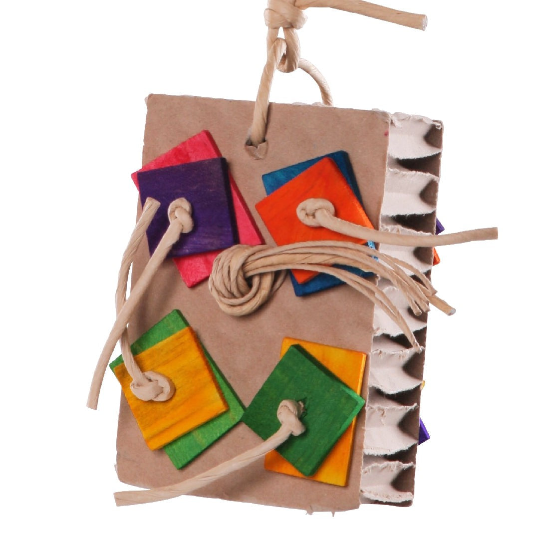 Colorful wooden squares on paper bird toy with knotted ropes.