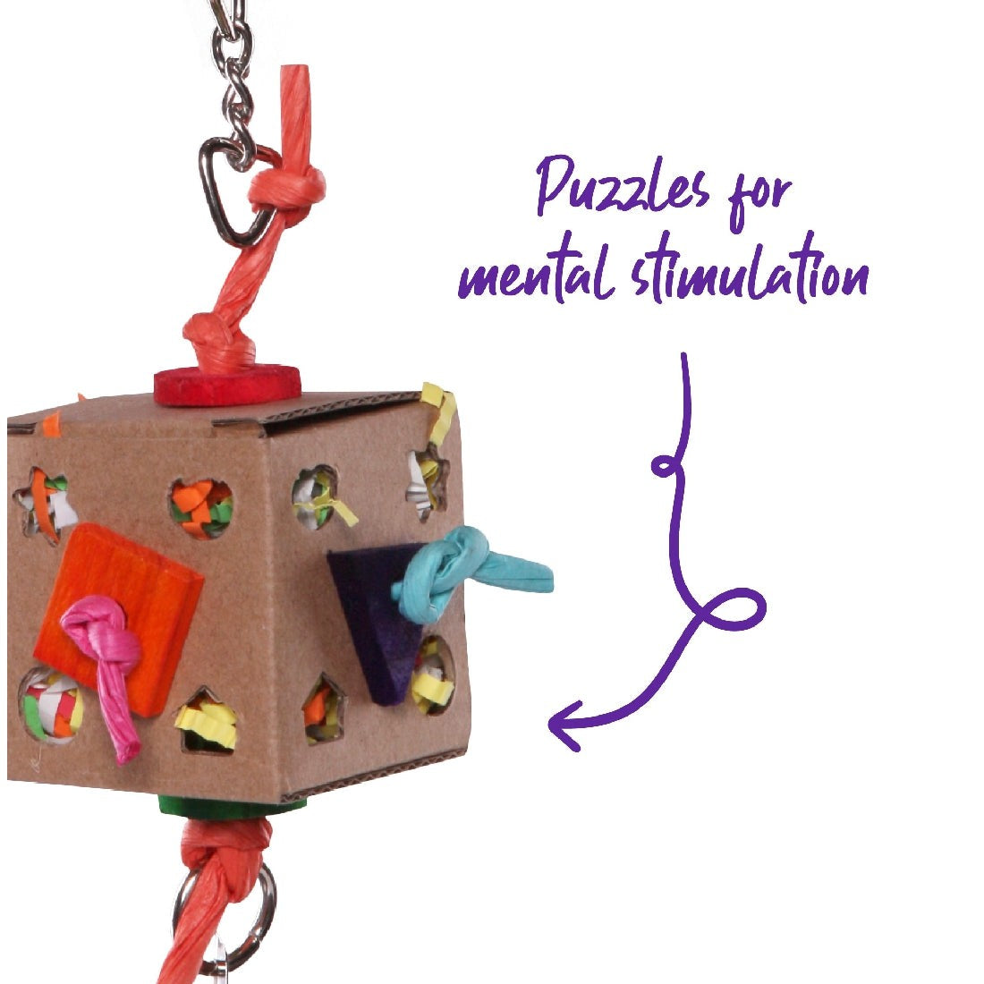 Cardboard bird toy with colorful knots and paper for mental stimulation.