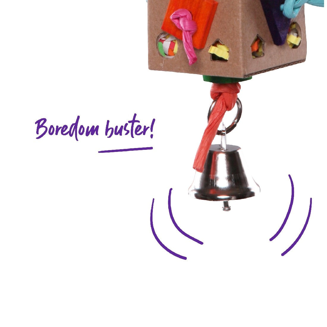 Cardboard bird toy with colorful knots and bell labeled "Boredom buster!"