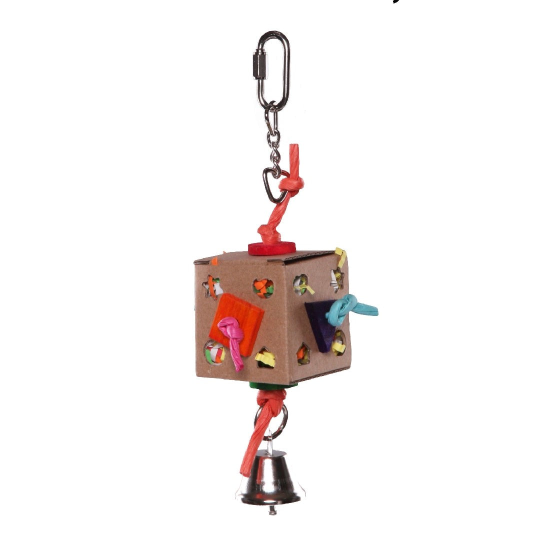 Alt text: Bird toy with chain, cardboard, colorful knots, and bell.