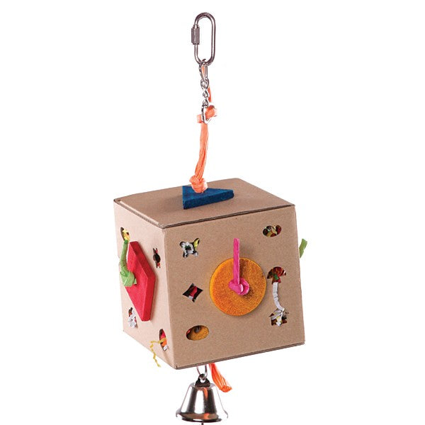 Cardboard bird toy with colorful accents and hanging bell.