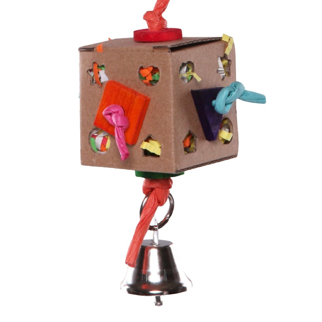 Cardboard cube bird toy with colorful knots and attached bell.