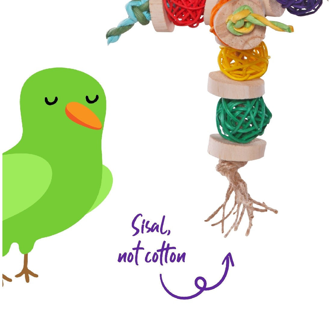 Green bird toy next to colorful hanging sisal rope toy.
