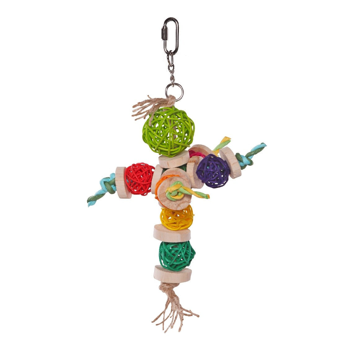 Colorful hanging bird toy with rattan balls and wooden blocks.