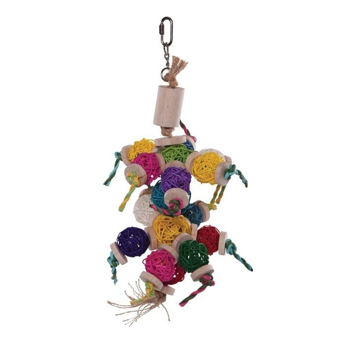 Colorful hanging bird toy with wooden blocks and rope knots.