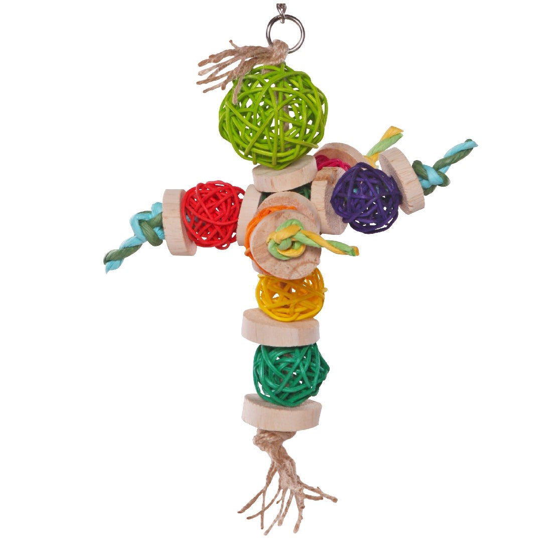 Colorful hanging bird toy with wicker balls and wooden blocks.