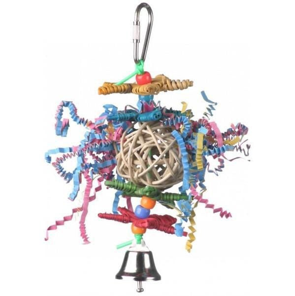 Colorful hanging bird toy with paper, beads, and a bell.