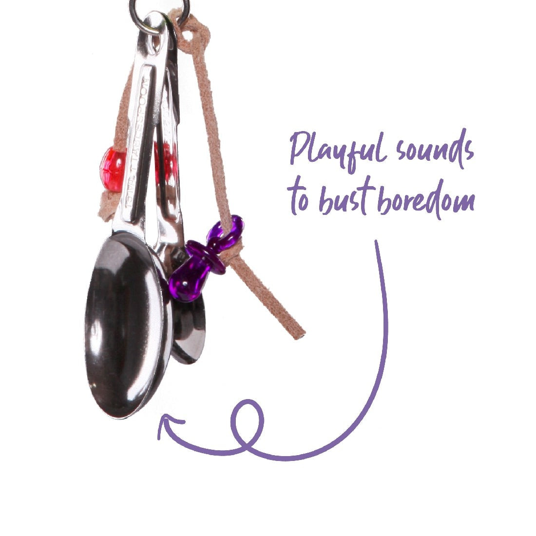 "Metallic bird toy with beads and leather straps, designed to make noise."
