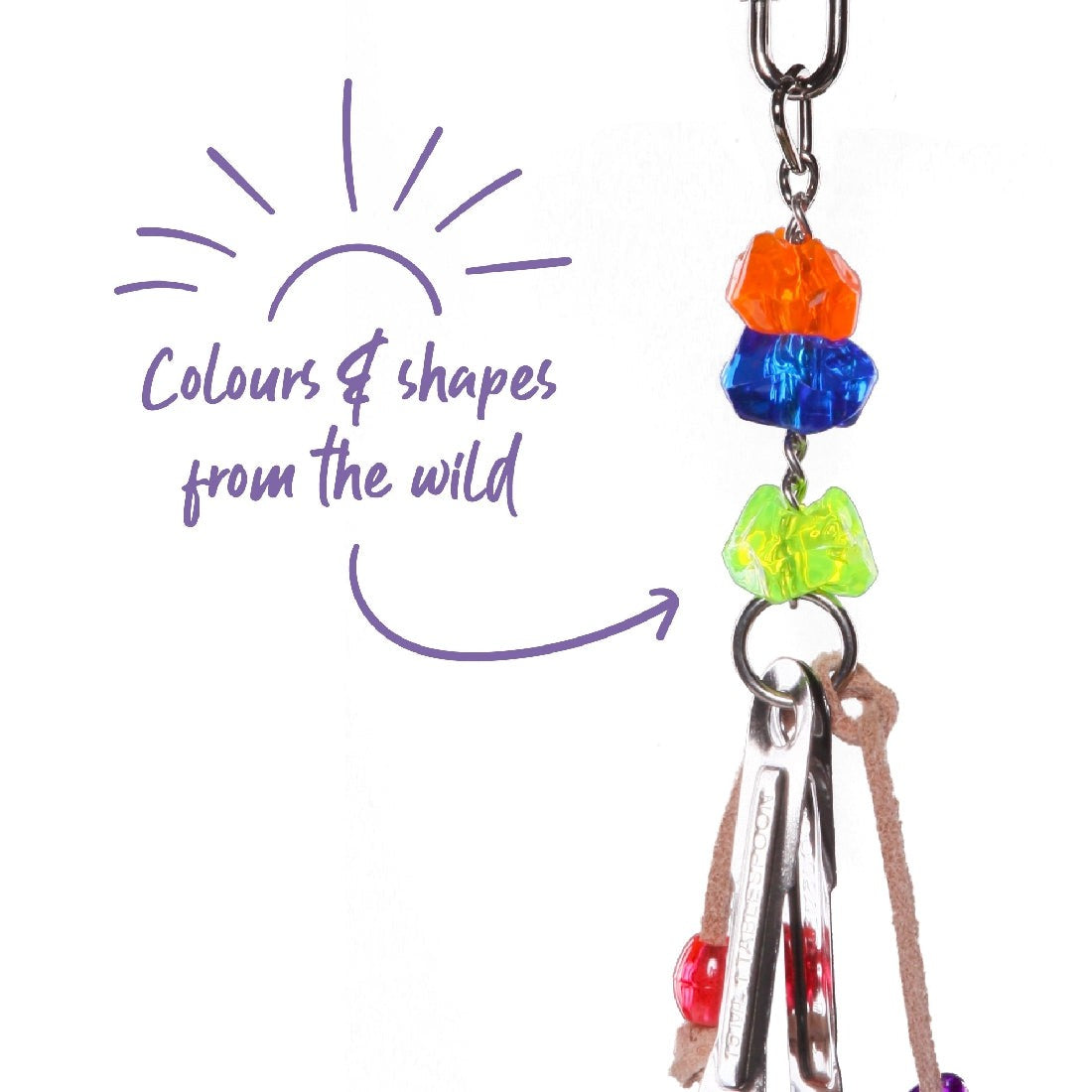 Colorful bird toy with beads and bells against a white background.
