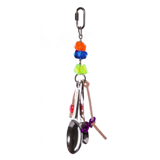 Colorful bird toy with beads, spoon, and leather on white background.
