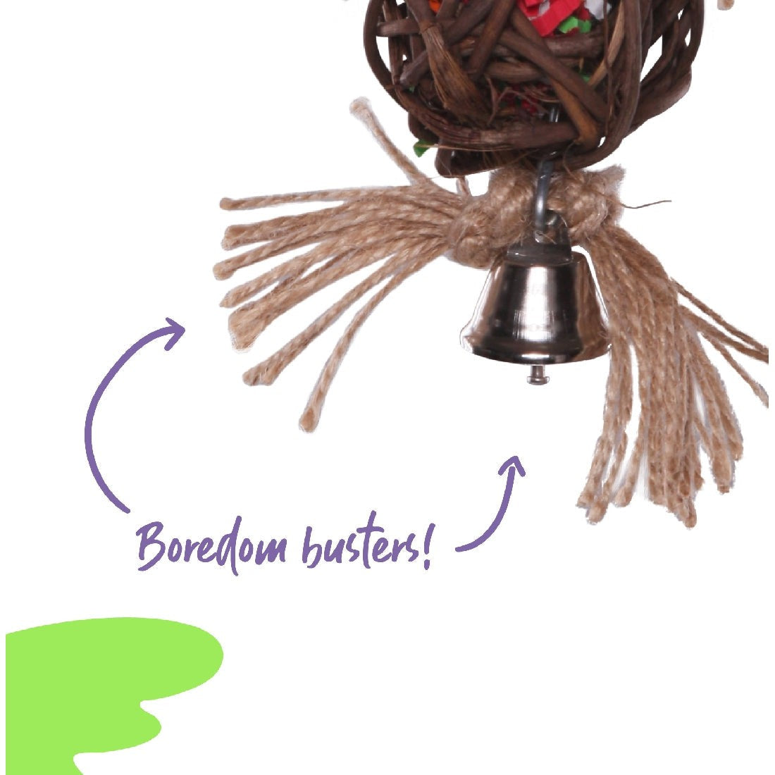 Brown wicker bird toy with strings and bell, labeled "Boredom busters!"