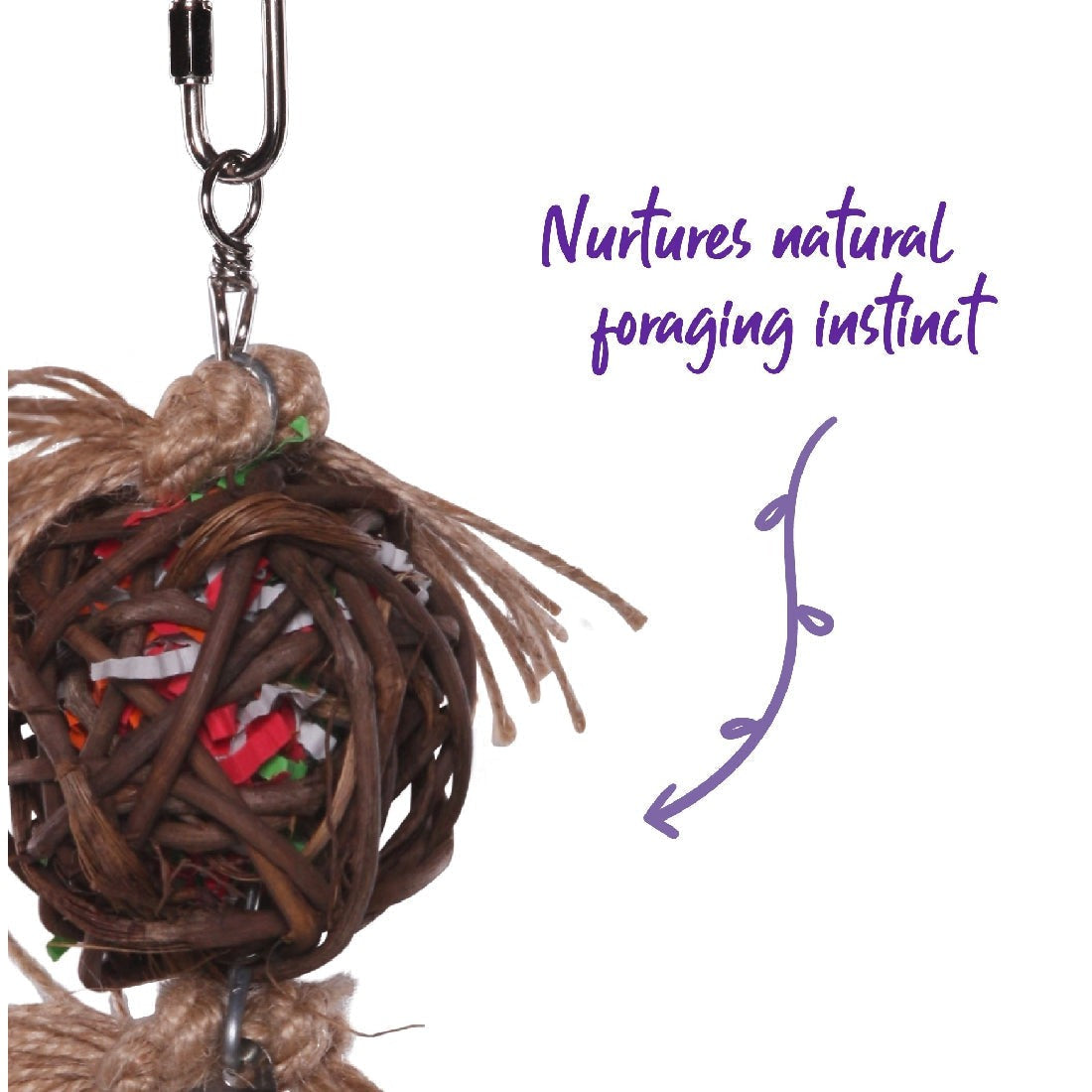 Hanging woven vine ball bird toy with colorful paper shreds inside.