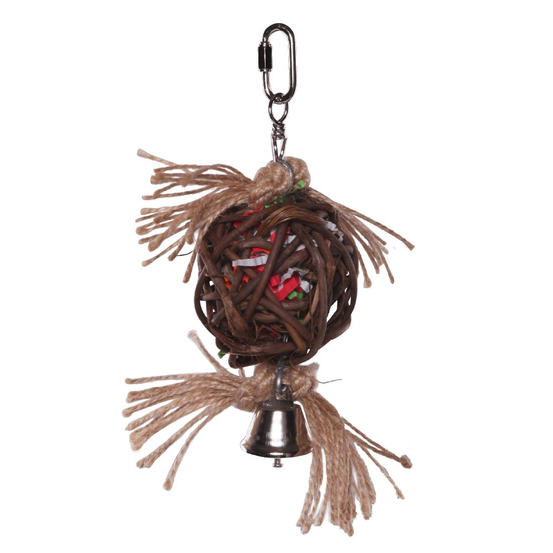 Woven vine ball bird toy with hanging bell and tassels.
