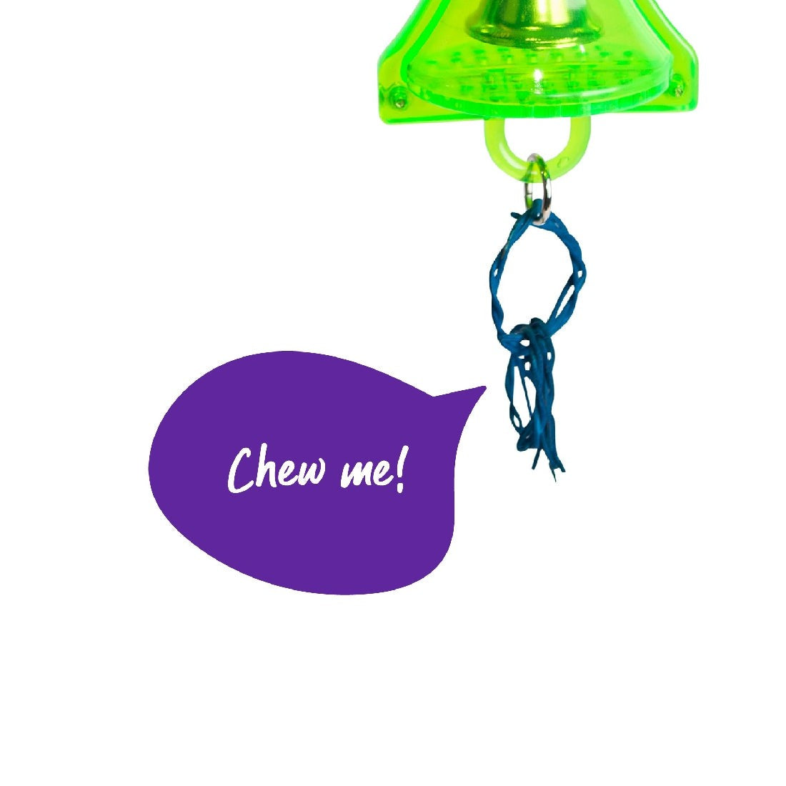 Green and blue bird toy with "Chew me!" bubble, hanging design.