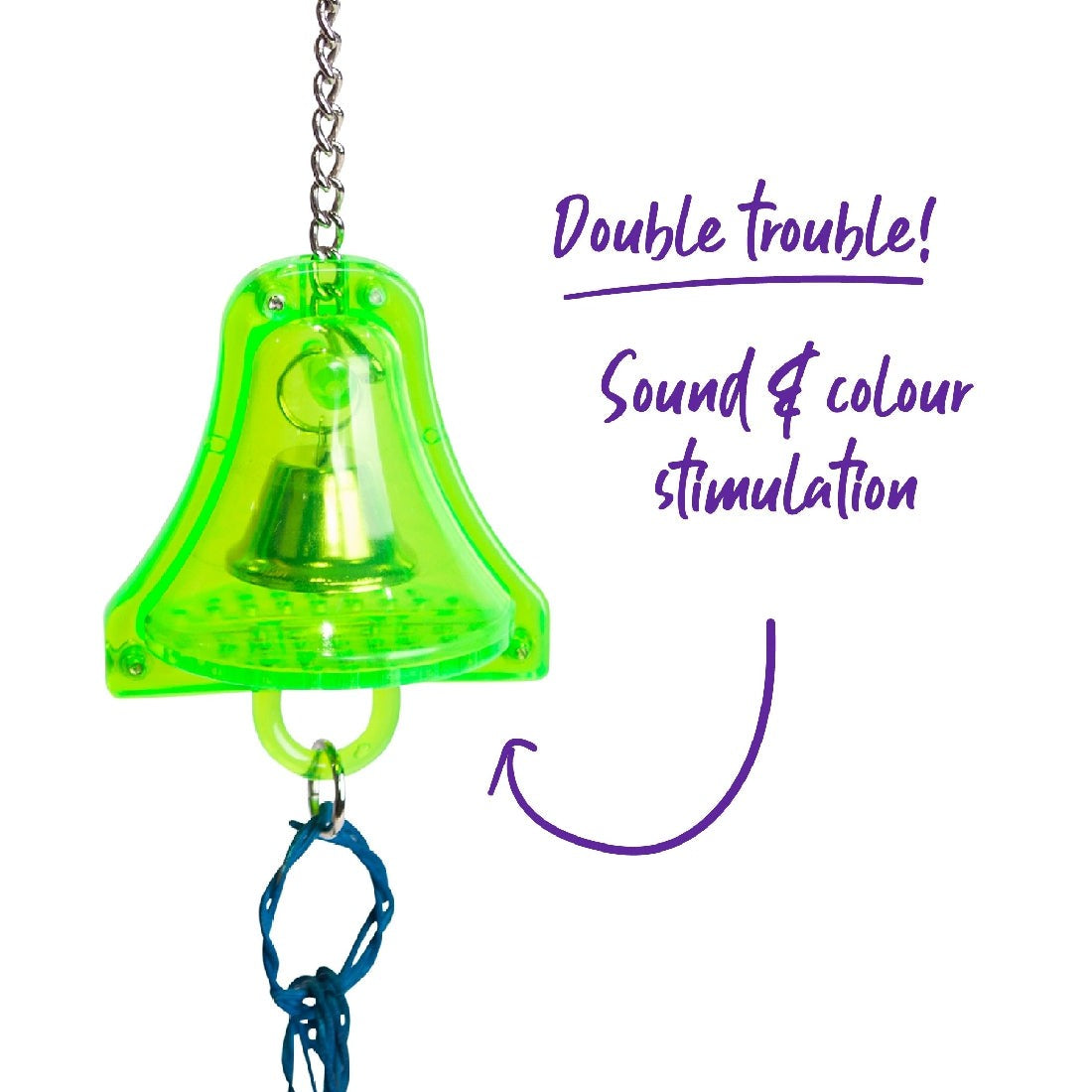 Green bell-shaped bird toy with chain and sound and color stimulation text.