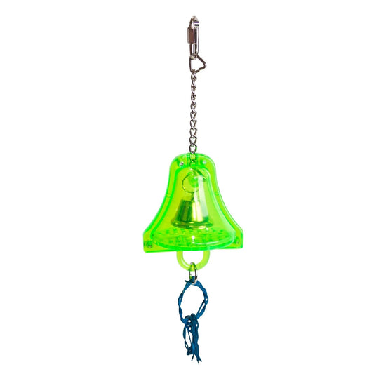 Green bell-shaped bird toy with chain and blue rope isolated on white.