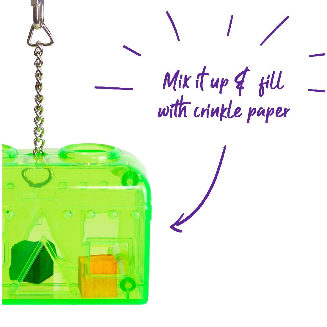 Green transparent bird toy with chain and crinkle paper suggestion.