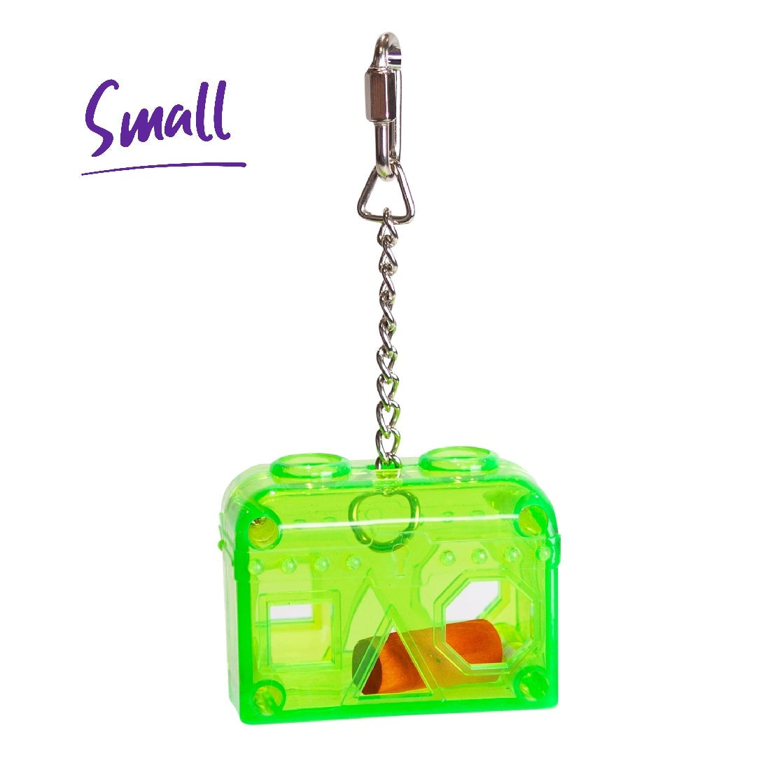 Small green acrylic bird toy with chain and bell inside.