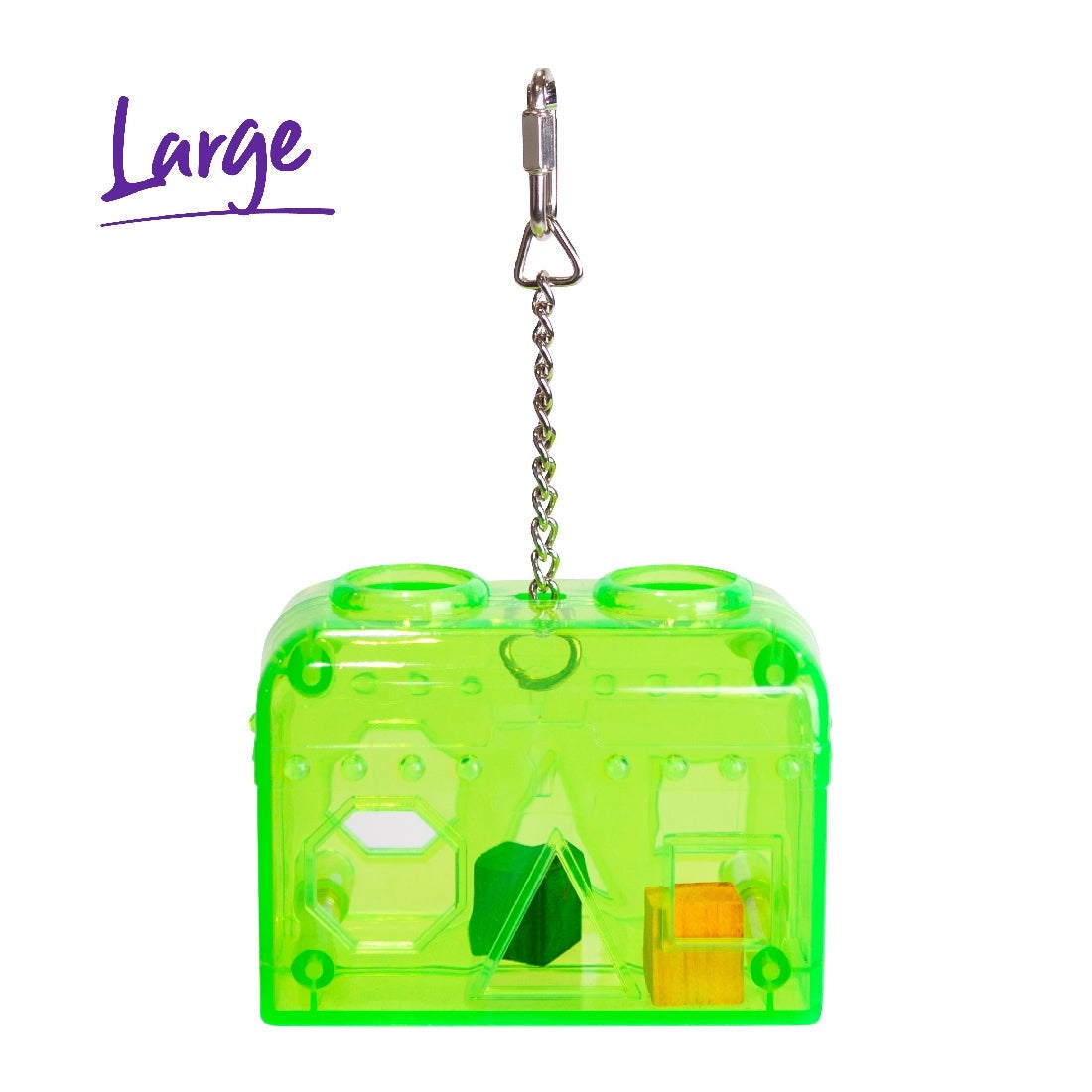 Large green transparent bird toy with chain on white background.