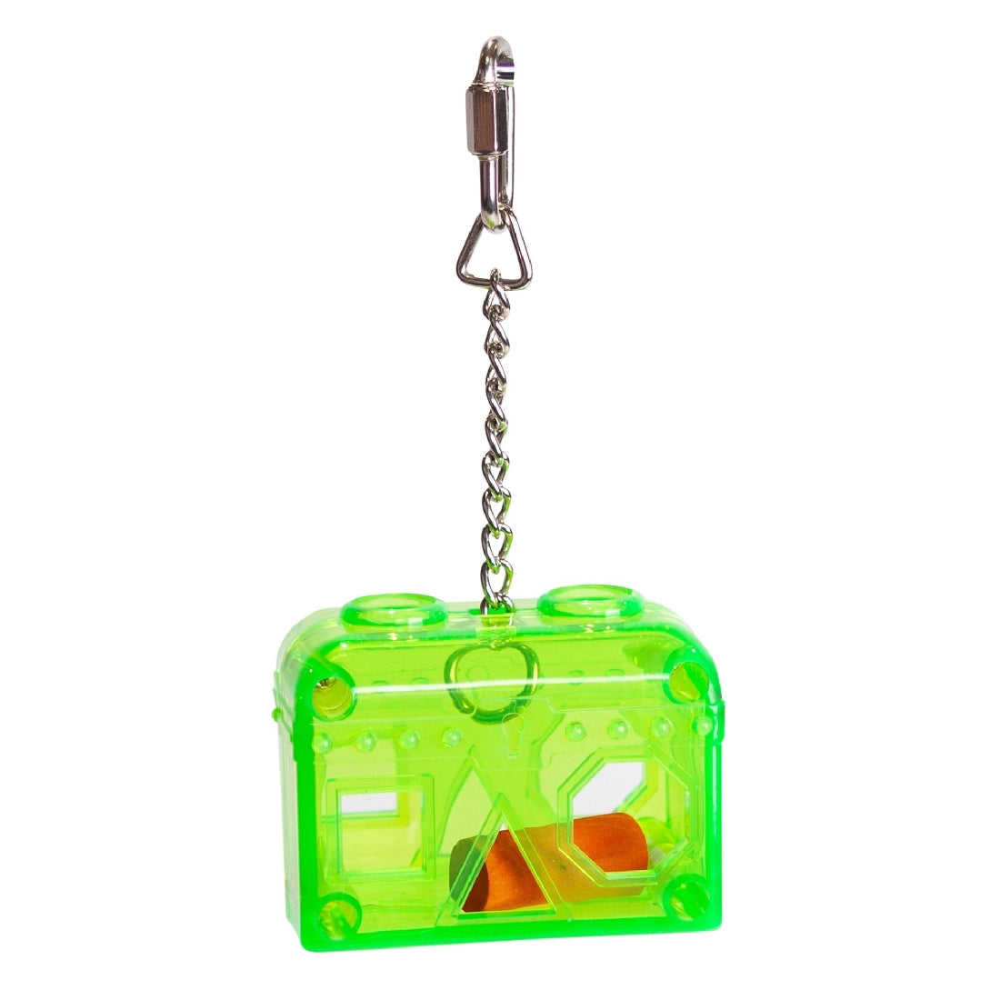Green transparent bird toy with metal chain on white background.