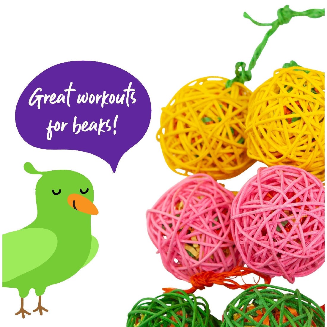 Cartoon bird with colorful wicker balls and "Great workouts for beaks!" text.
