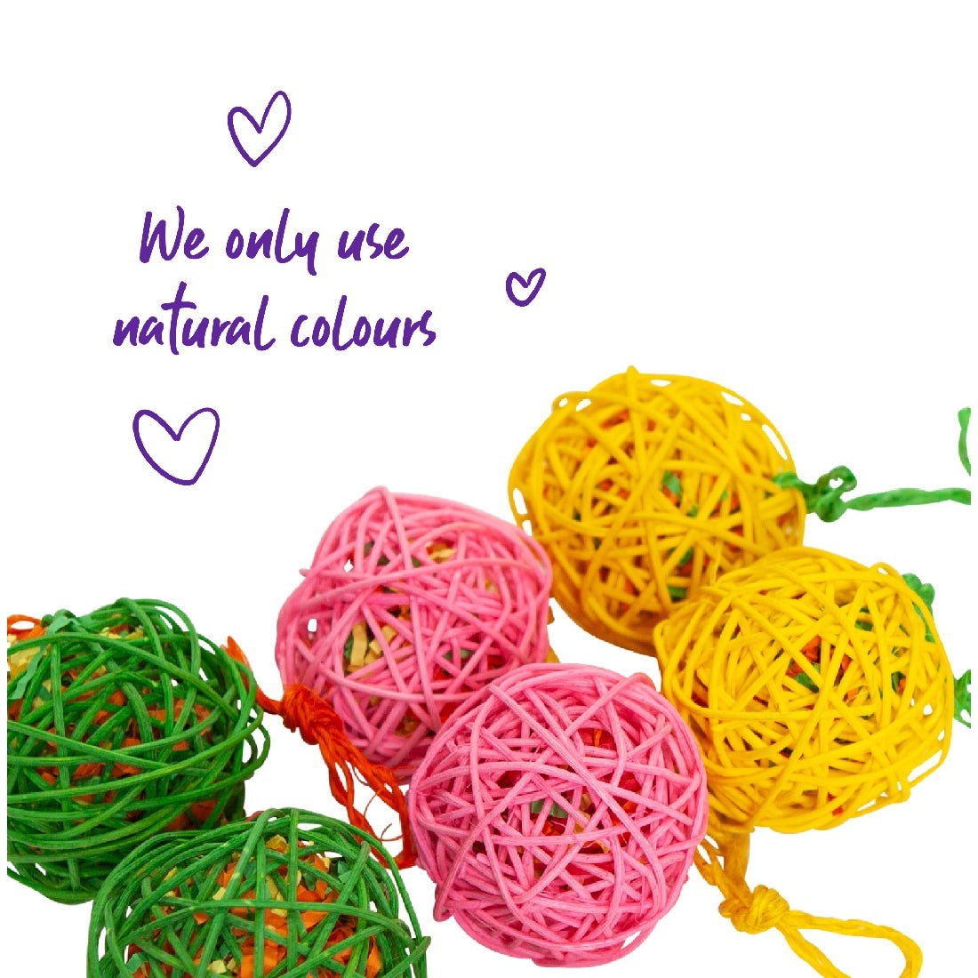 Colorful woven bird toy balls with text 'natural colours'?