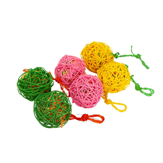 Colorful woven rattan balls, type: bird toy, on white background.