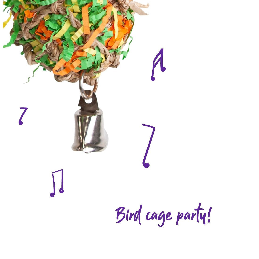 Colorful shredded paper bird toy with bell and musical notes.