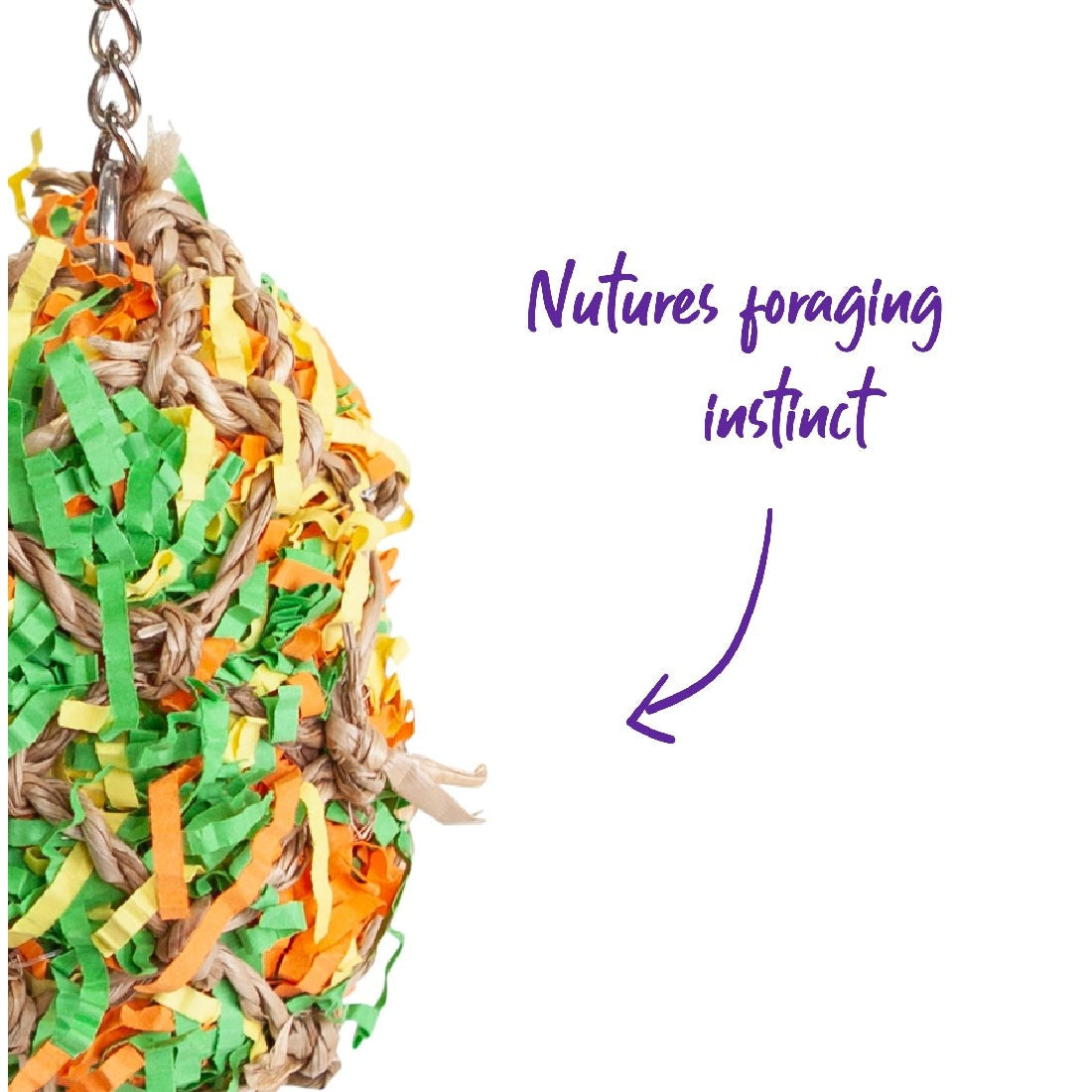 Colorful hanging bird toy designed to stimulate foraging instinct.