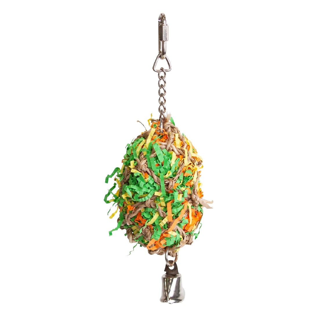 Colorful shredded paper bird toy with chain and bell attachment.