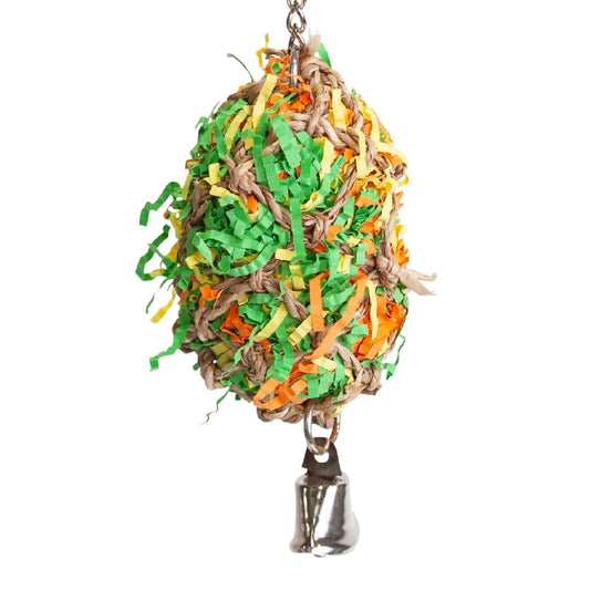 Colorful shredded paper bird toy with bell on white background.