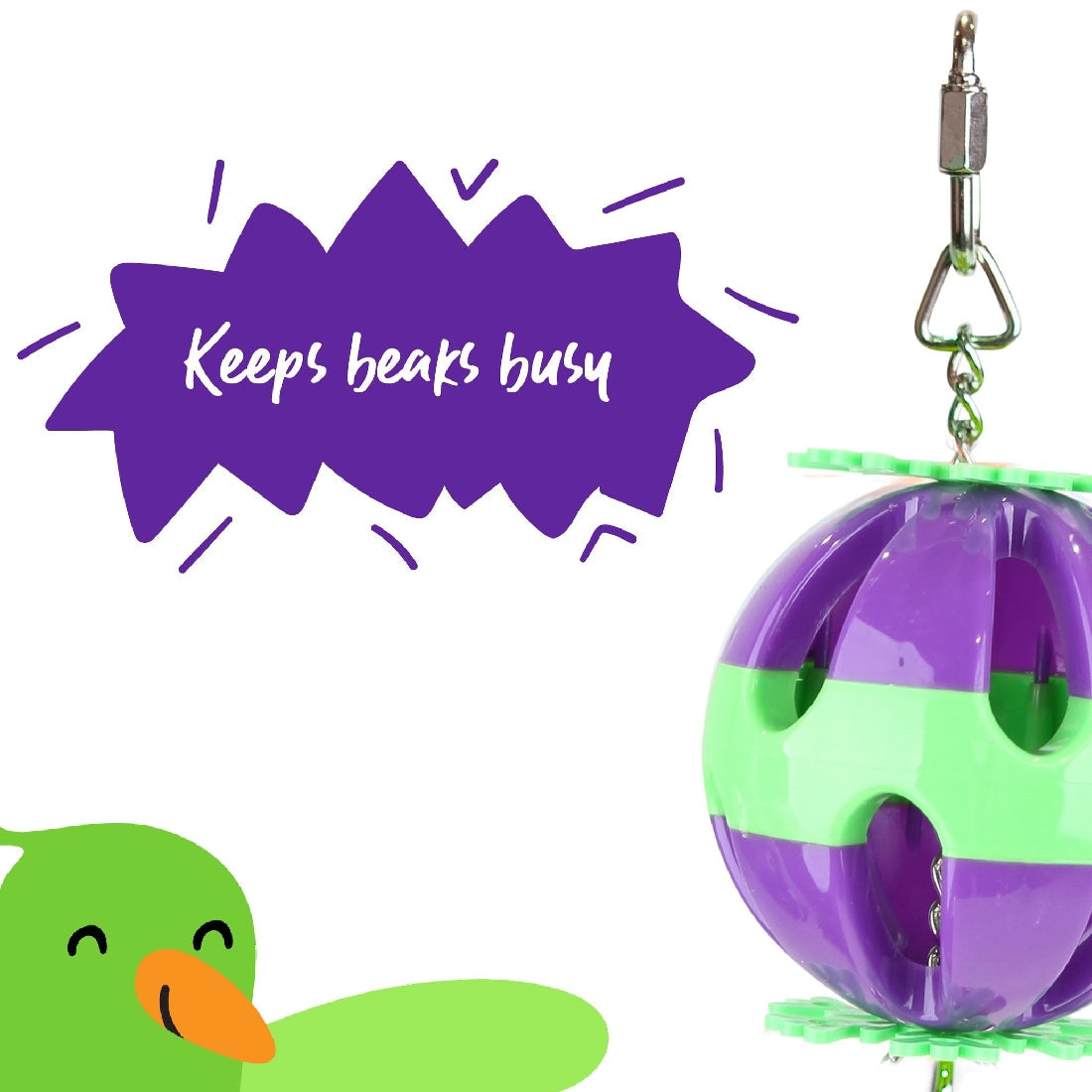 Purple and green spherical bird toy with metal clasp attachment.