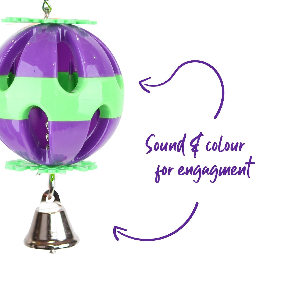 A purple and green hanging bird toy with bell for stimulation.