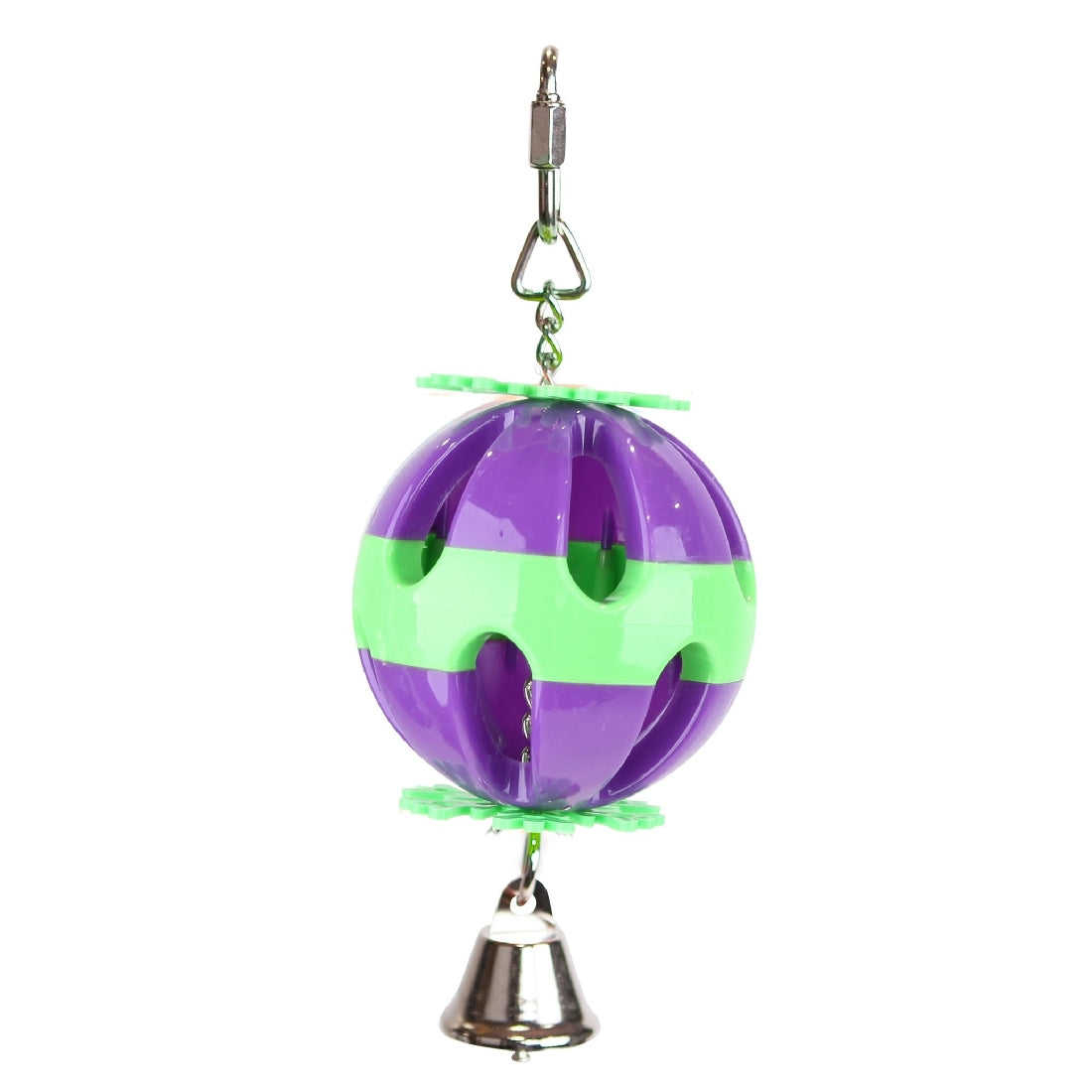 Purple and green spherical bird toy with bell on white background.