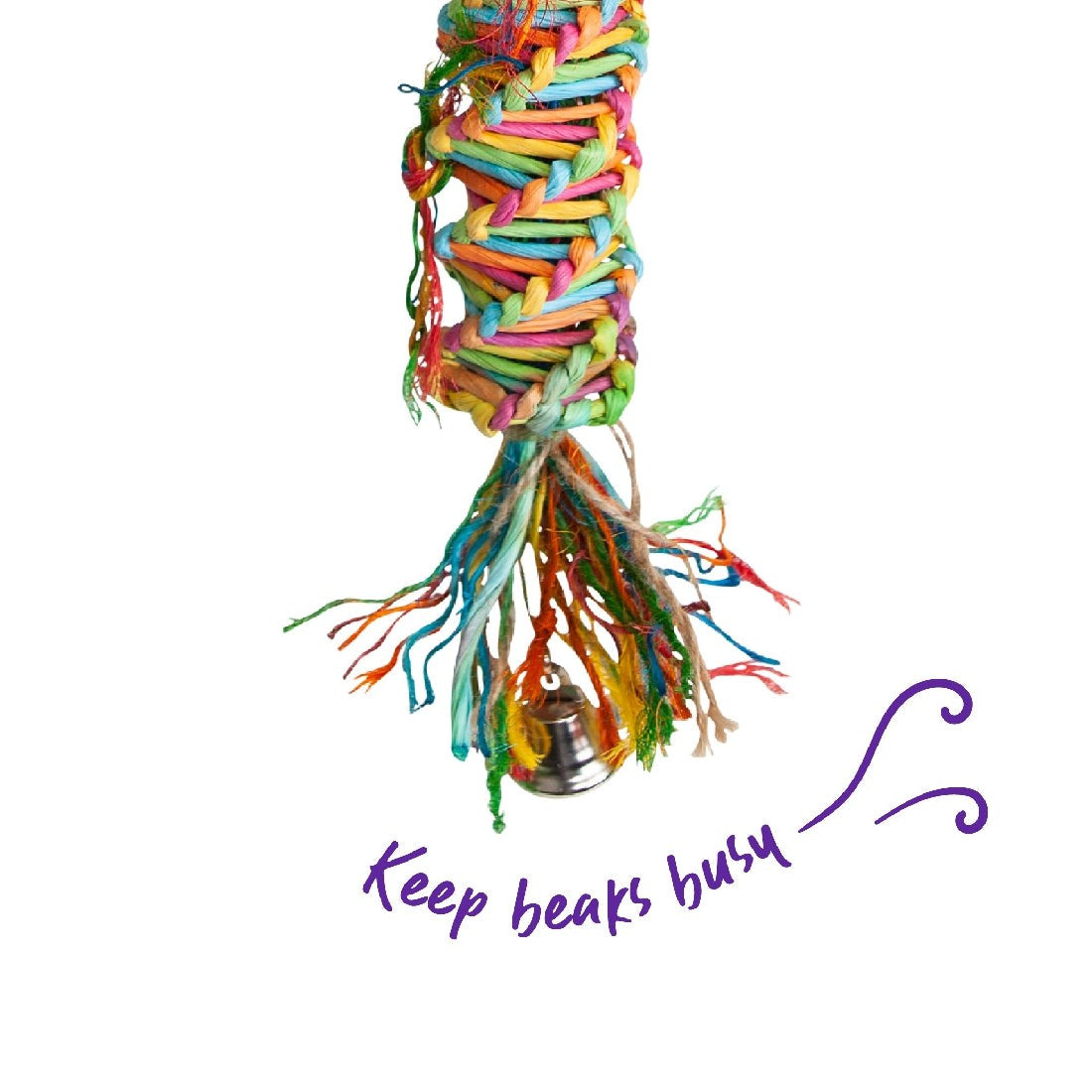 Colorful knotted rope bird toy with loose strands and bell.