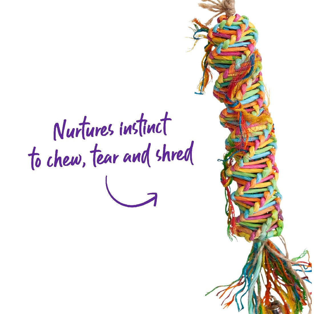 Colorful knotted bird toy designed to nurture chewing instincts.