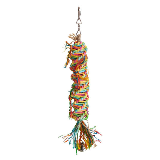 Colorful braided rope bird toy with bell on white background.